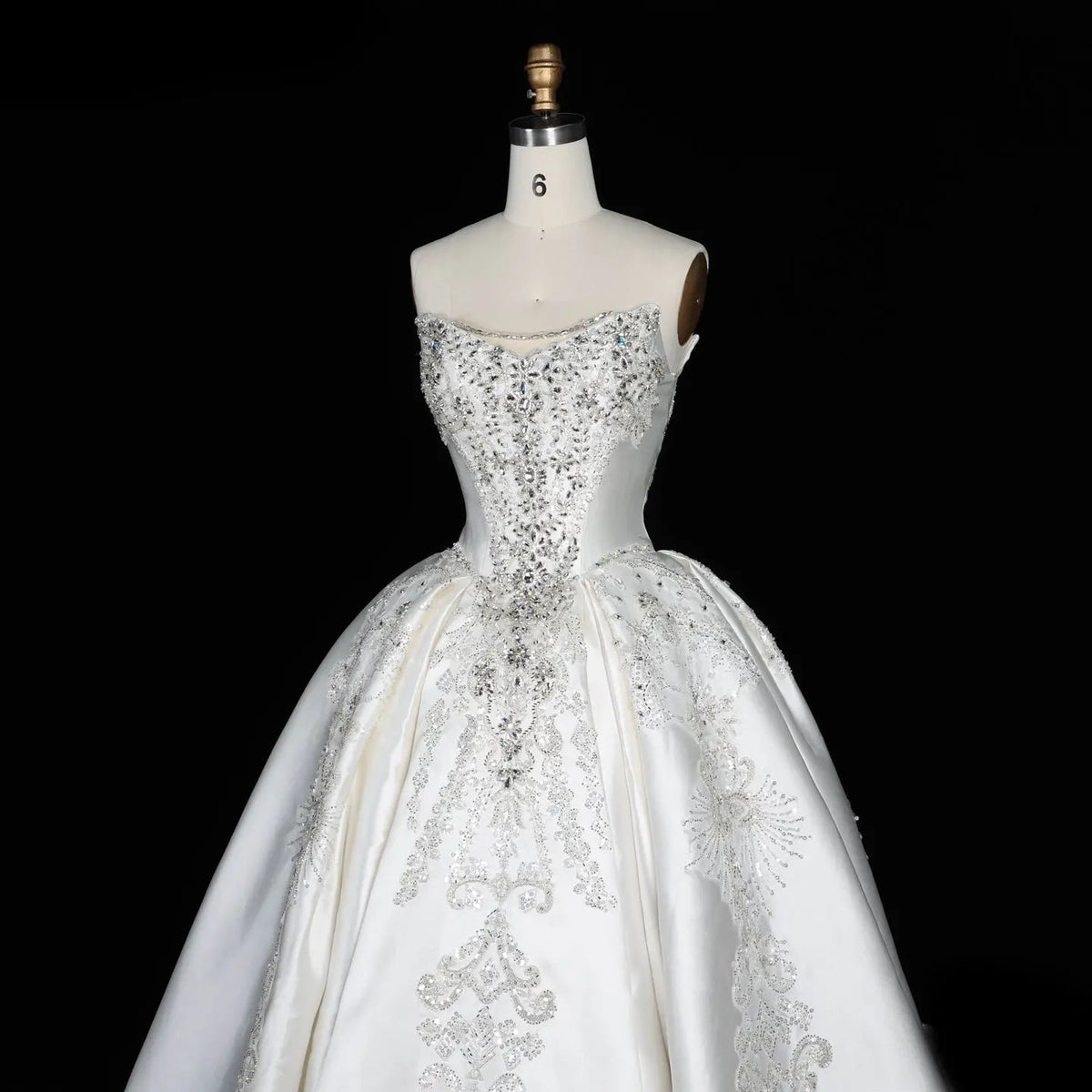 White Satin Strapless Ball Gown Wedding Dress with Luxurious Beaded Lace and Cathedral Train ZP016