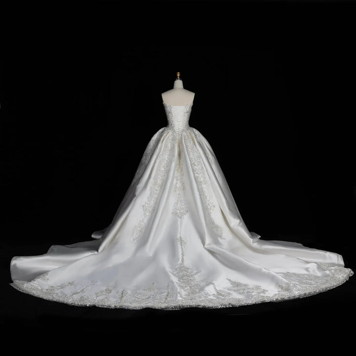 White Satin Strapless Ball Gown Wedding Dress with Luxurious Beaded Lace and Cathedral Train ZP016