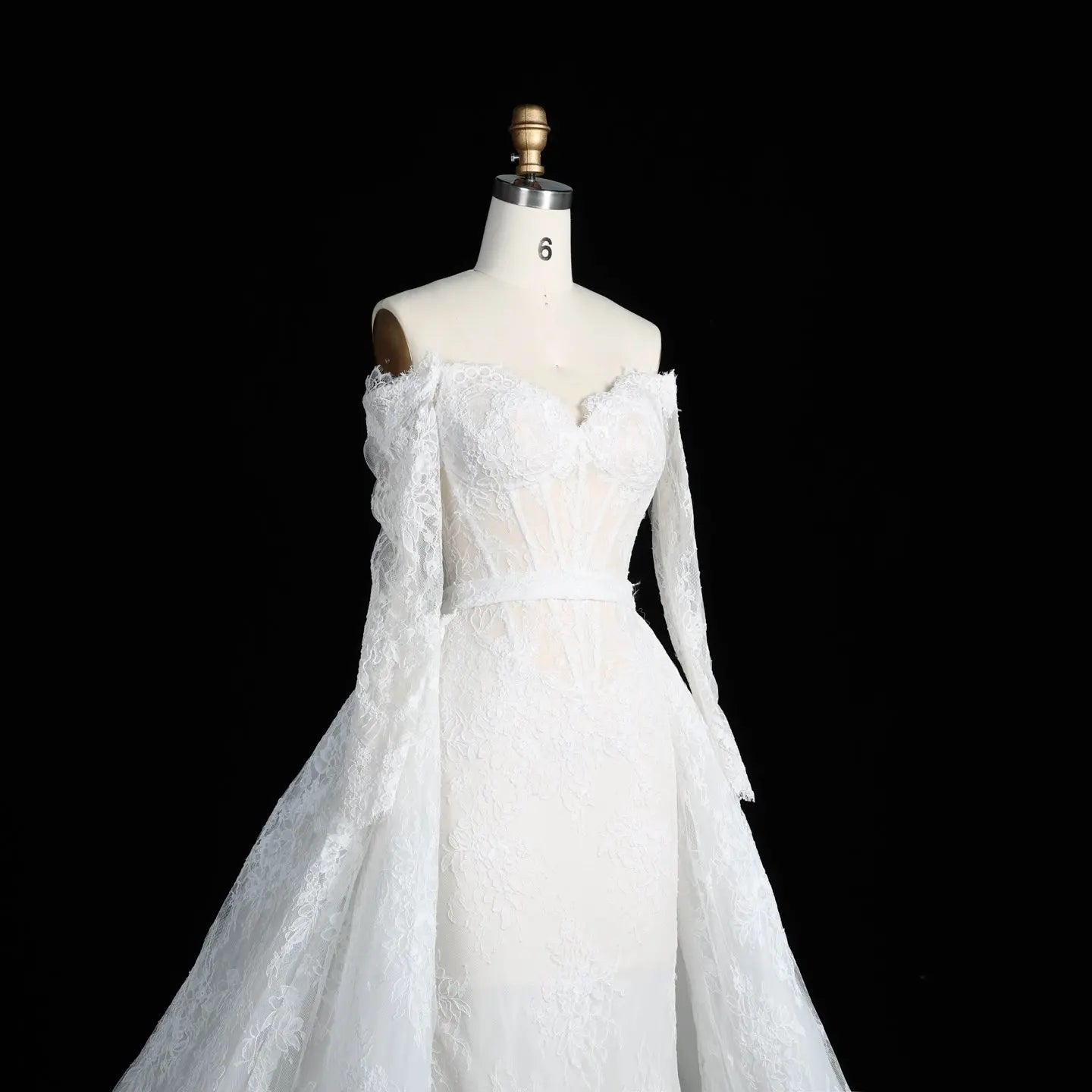 White Lace Mermaid Wedding Dress Off the Shoulder with Detachable Train and Long Sleeves ZP014
