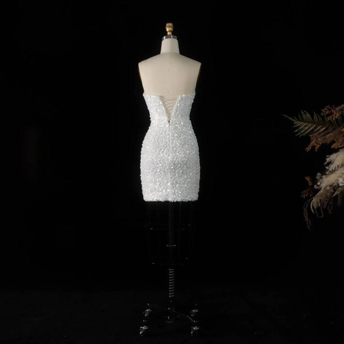 Luxury White Sequin Pearl Strapless Short Wedding Dress ZP189