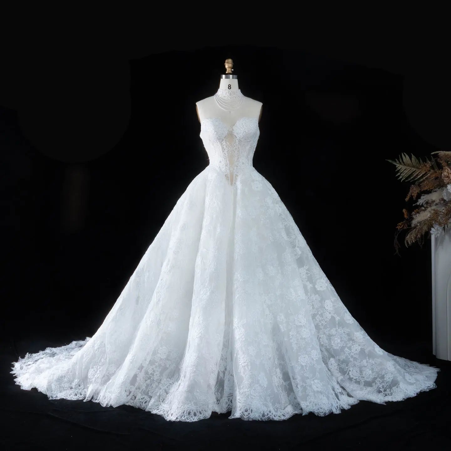 Luxury Ivory Strapless Lace Train Wedding Dress with Scarf ZP140