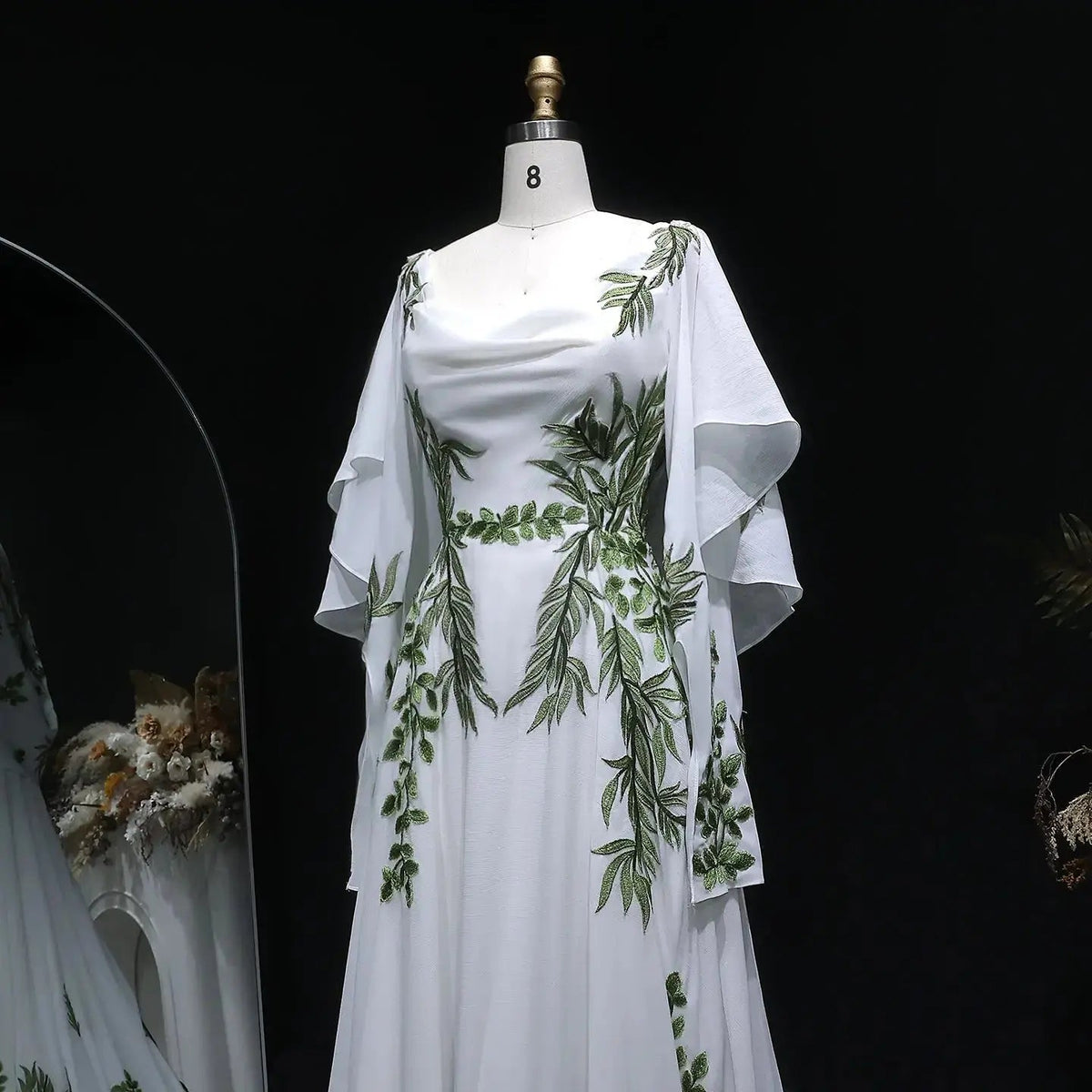 Luxury White & Green Botanical Print Cape Boho Train Wedding Dress ZP160