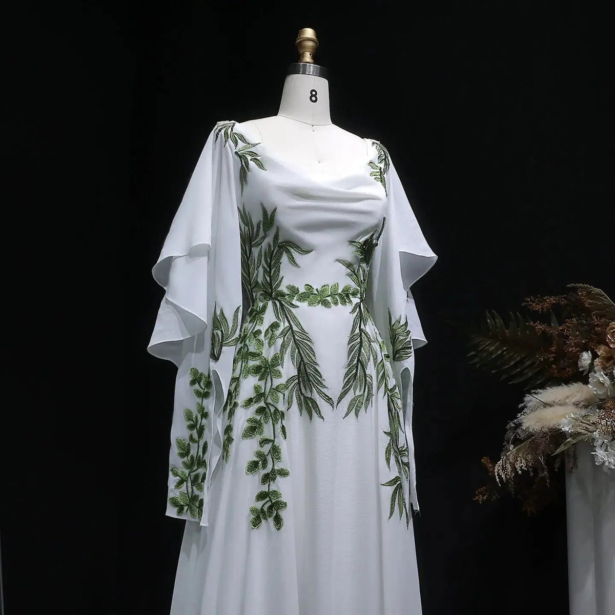 Luxury White & Green Botanical Print Cape Boho Train Wedding Dress ZP160