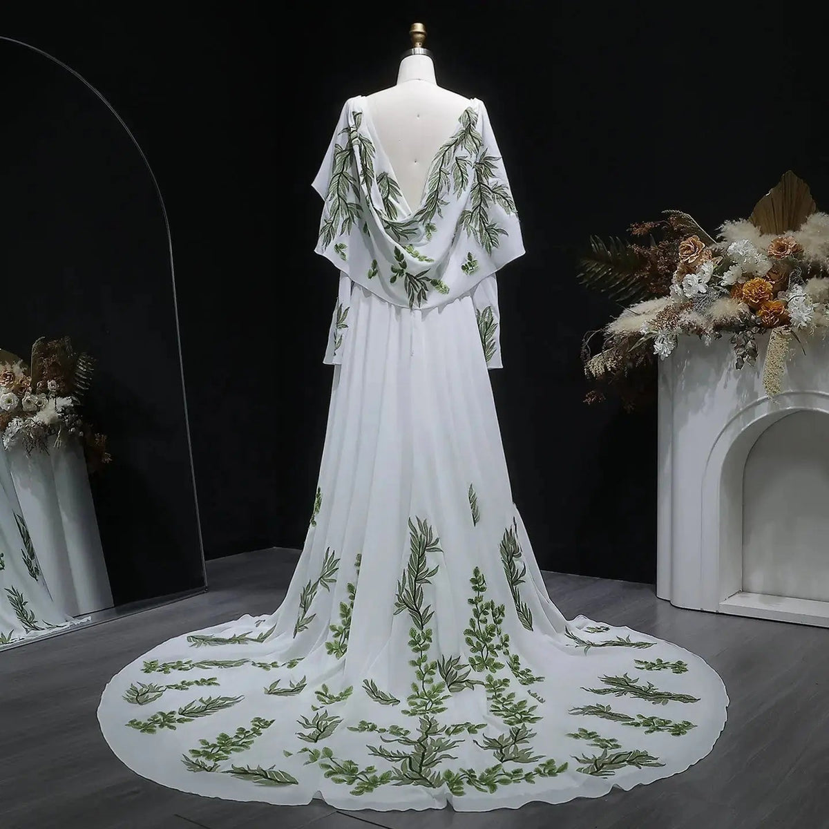 Luxury White & Green Botanical Print Cape Boho Train Wedding Dress ZP160