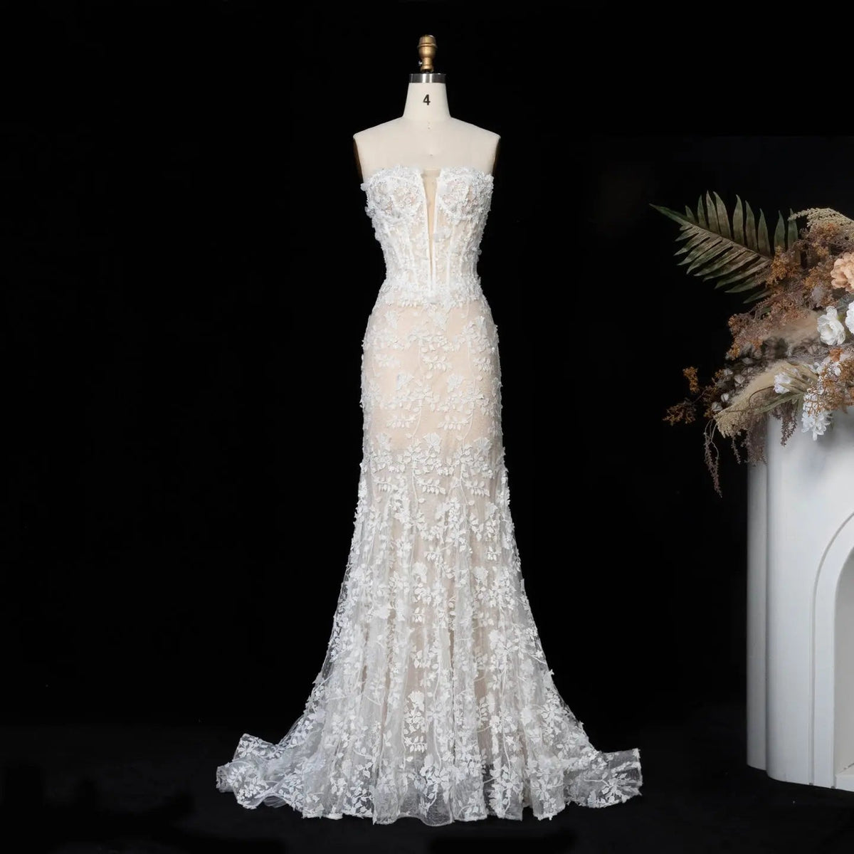White Nude Lace Fairytale  Mermaid Wedding Dress 3D Floral  Train  ZP037