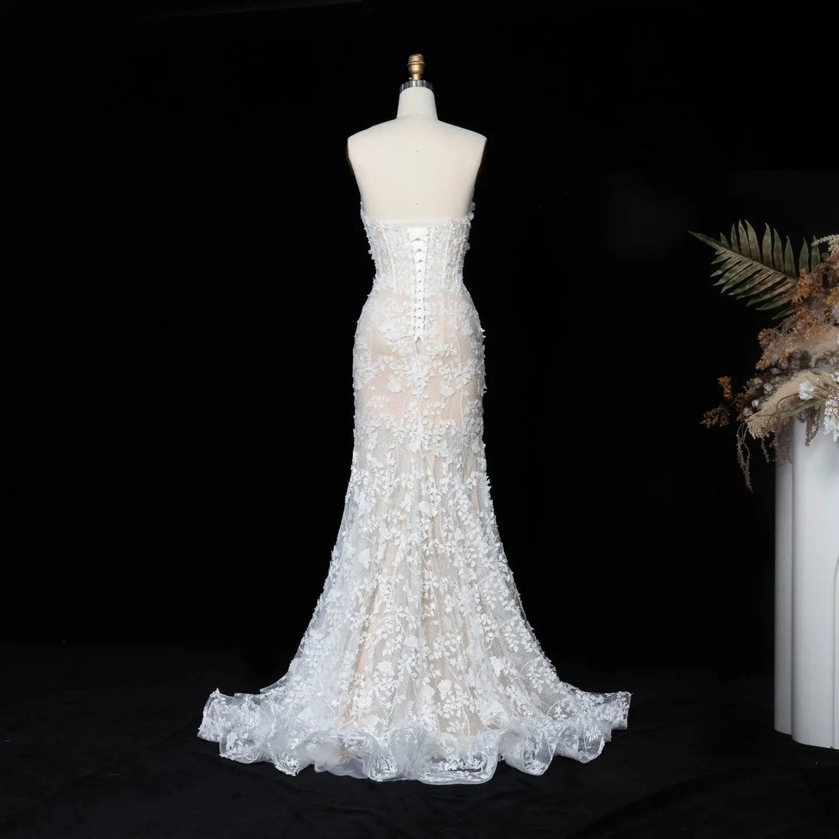 White Nude Lace Fairytale  Mermaid Wedding Dress 3D Floral  Train  ZP037