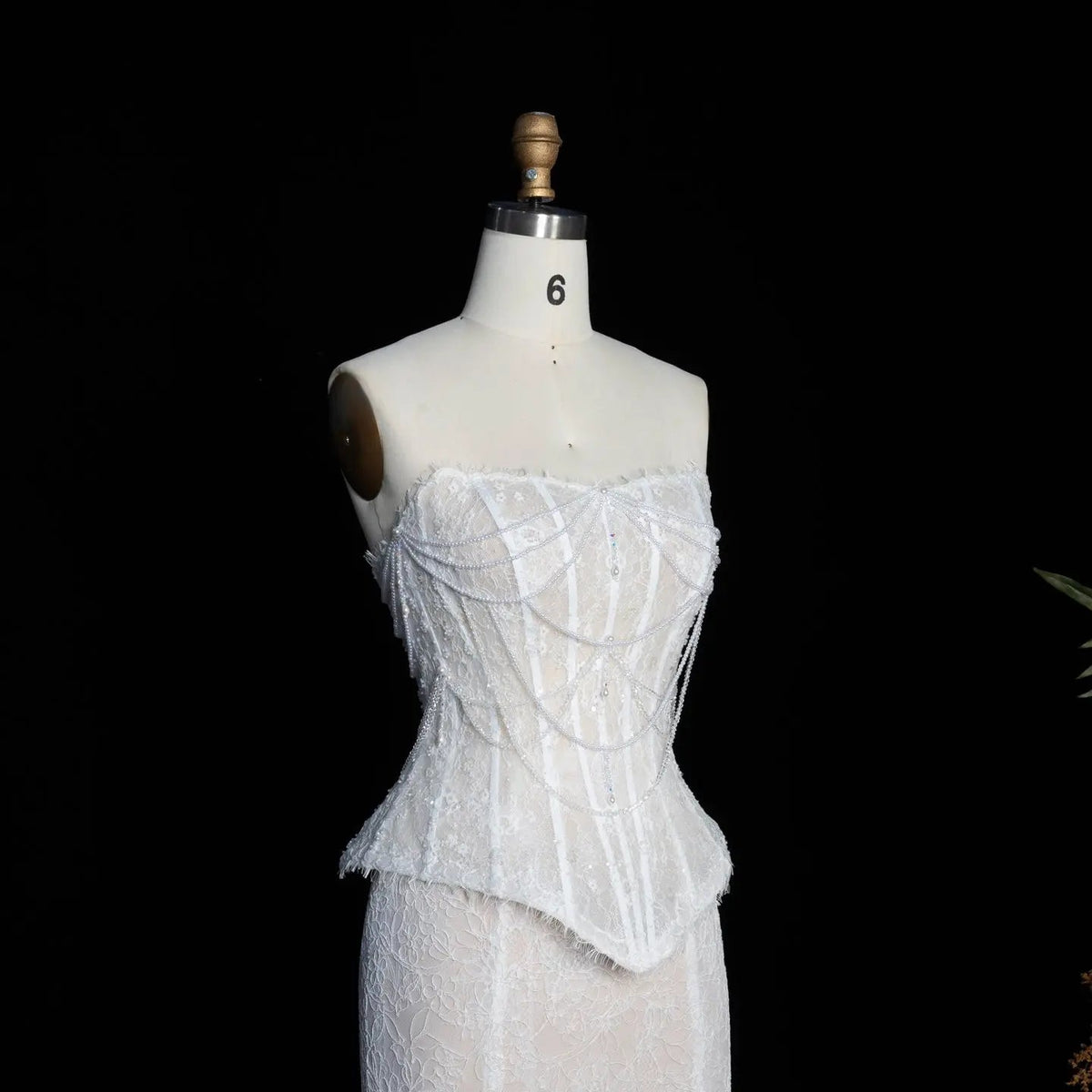 White Nude  Mermaid Wedding Dress Beaded Chain Detailing With Lace Train  ZP039
