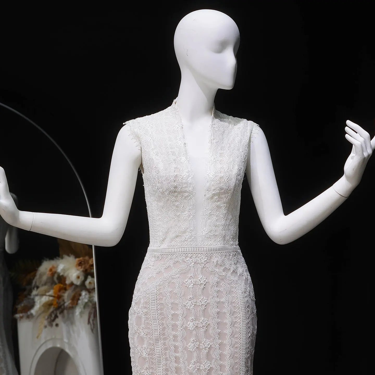 Elegant Ivory High Neck Sheer Lace Long Sleeves Mermaid Wedding Dress with Veil ZP085