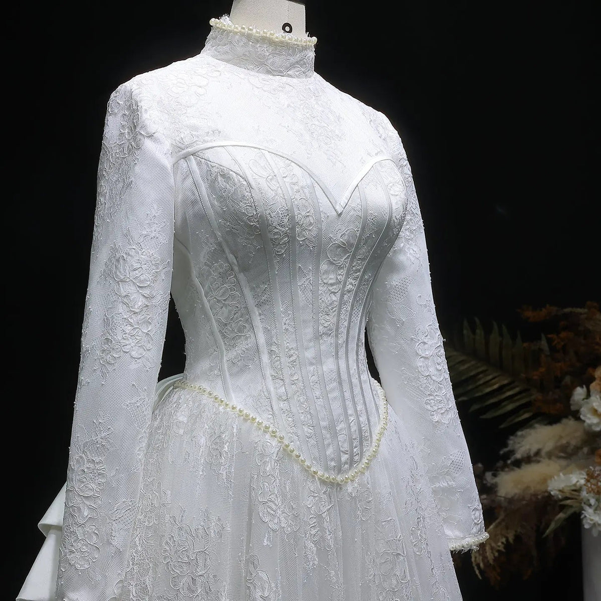 Luxury Pearl Long Sleeve Lace Wedding Dress ZP178