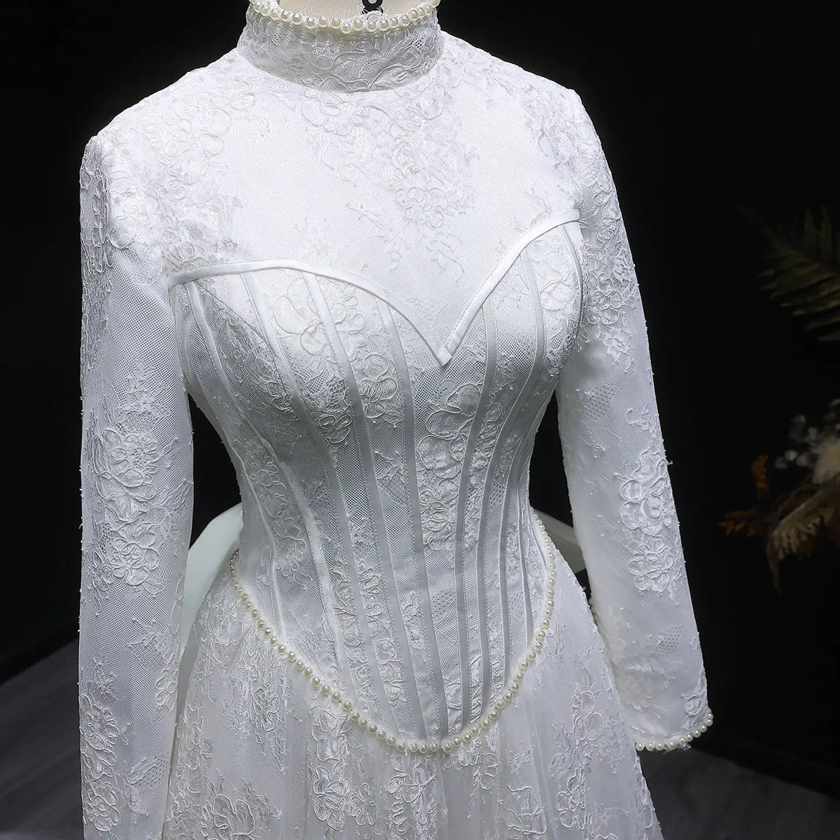 Luxury Pearl Long Sleeve Lace Wedding Dress ZP178