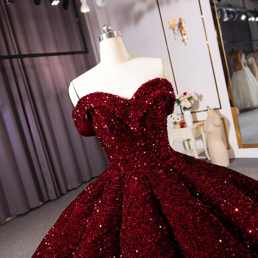 Burgundy Quinceanera Dress Off The Shoulder Sequins Ball Gown Sweet 16 Dress - View 2 | VelvetHem