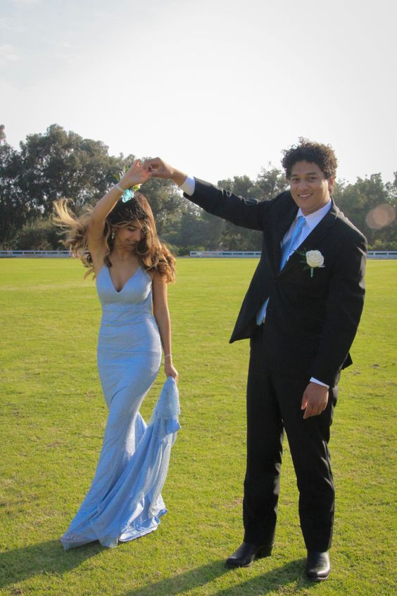 Elegant Blue Mermaid V Neck Prom Dress,Blue Formal Dress - VelvetHem