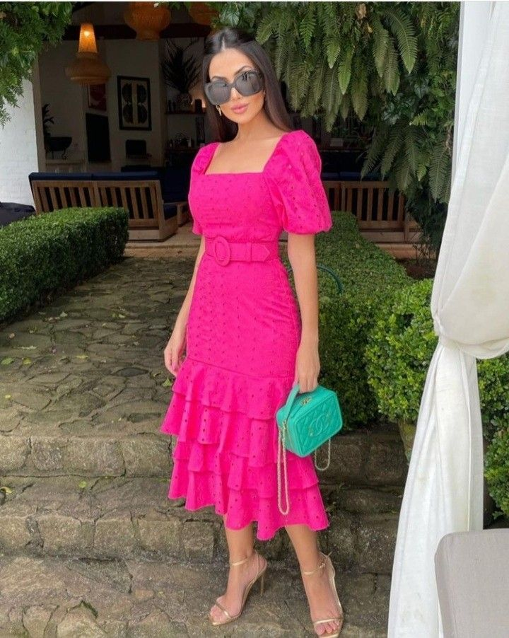 Vintage Hot Pink Square Neckline Party Dress,Casual Dress - VelvetHem