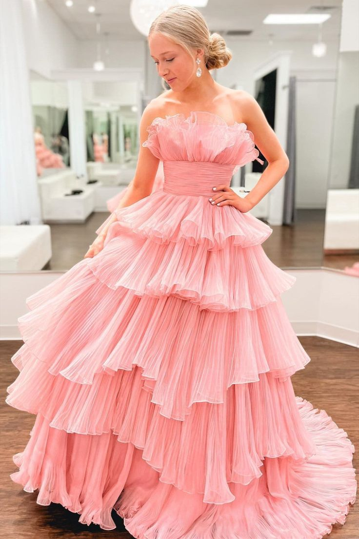 Strapless Layered Pink Tulle Long Prom Dress, Long Pink Formal Evening Dress - VelvetHem
