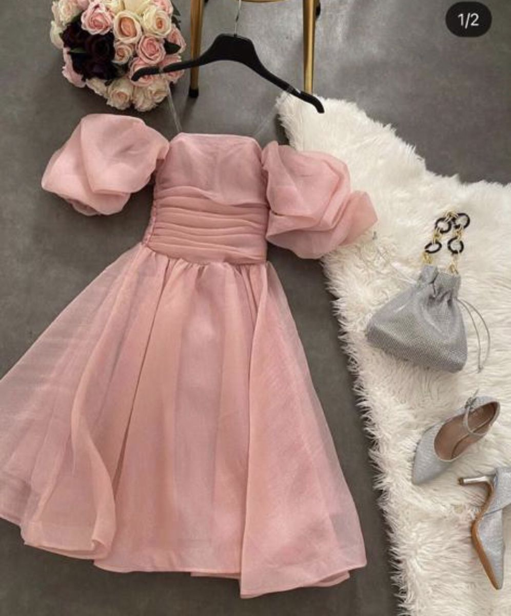 Retro Style A-line Dusty Pink Prom Dress,Puffy Sleeves Party Dress
