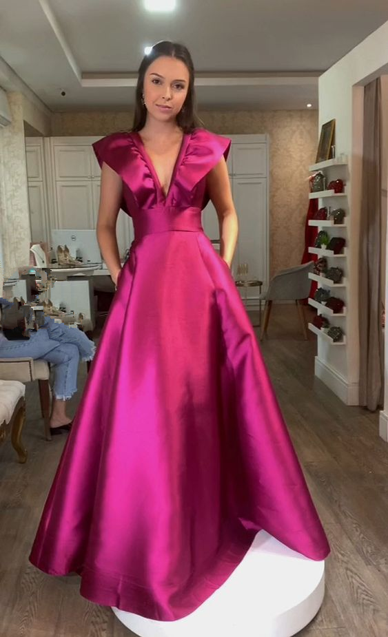 Romantic Formal Evening Dresses Simple Evening Dress Deep V Neck Long Dress Lady Girl Satin Prom Dress - VelvetHem