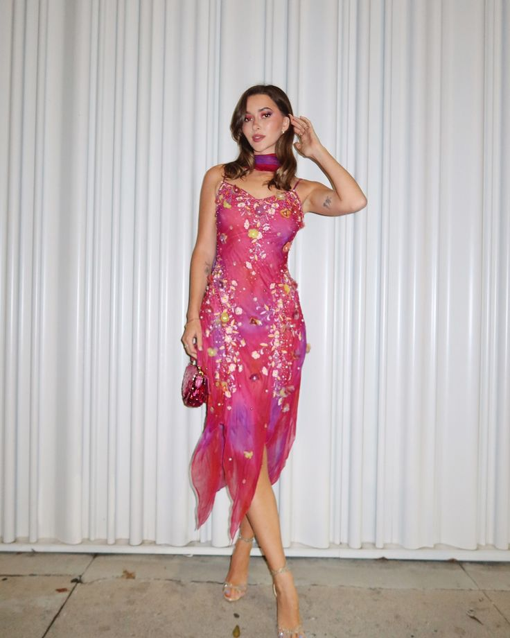 Pretty Pink Spaghetti Straps Pink V Neck Chiffon Beaded Appliques Mermaid Party Dress Evening Dress - View 4 | VelvetHem