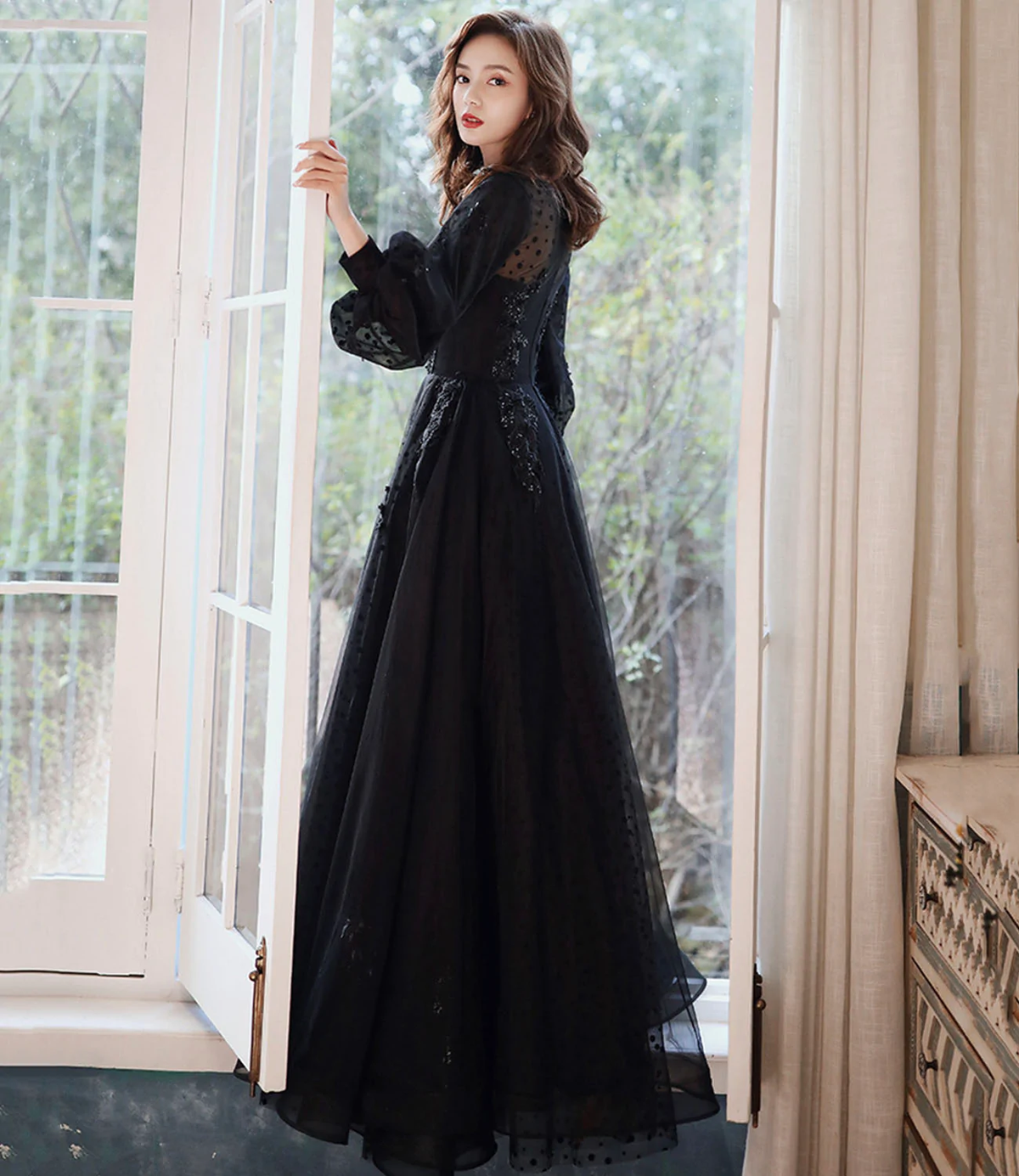 Black lace long prom dress A line evening gown Y1294