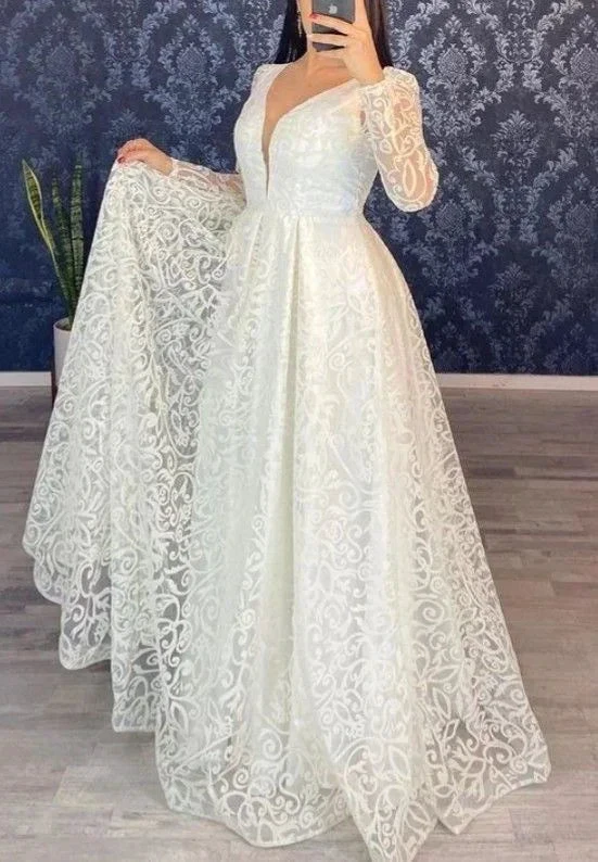 Long Sleeve A Line V Neck Lace Wedding Dress Bridal Gown Y5003 by simplepromdress