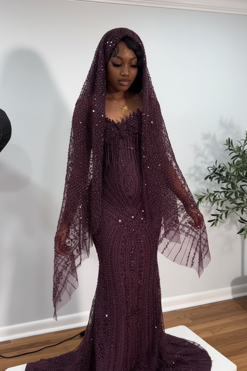 The Ruby Heiress - 2026 Hand-Beaded Crimson Mermaid Gown with Matching Crystal-Encrusted Hooded Veil (ZD17402)