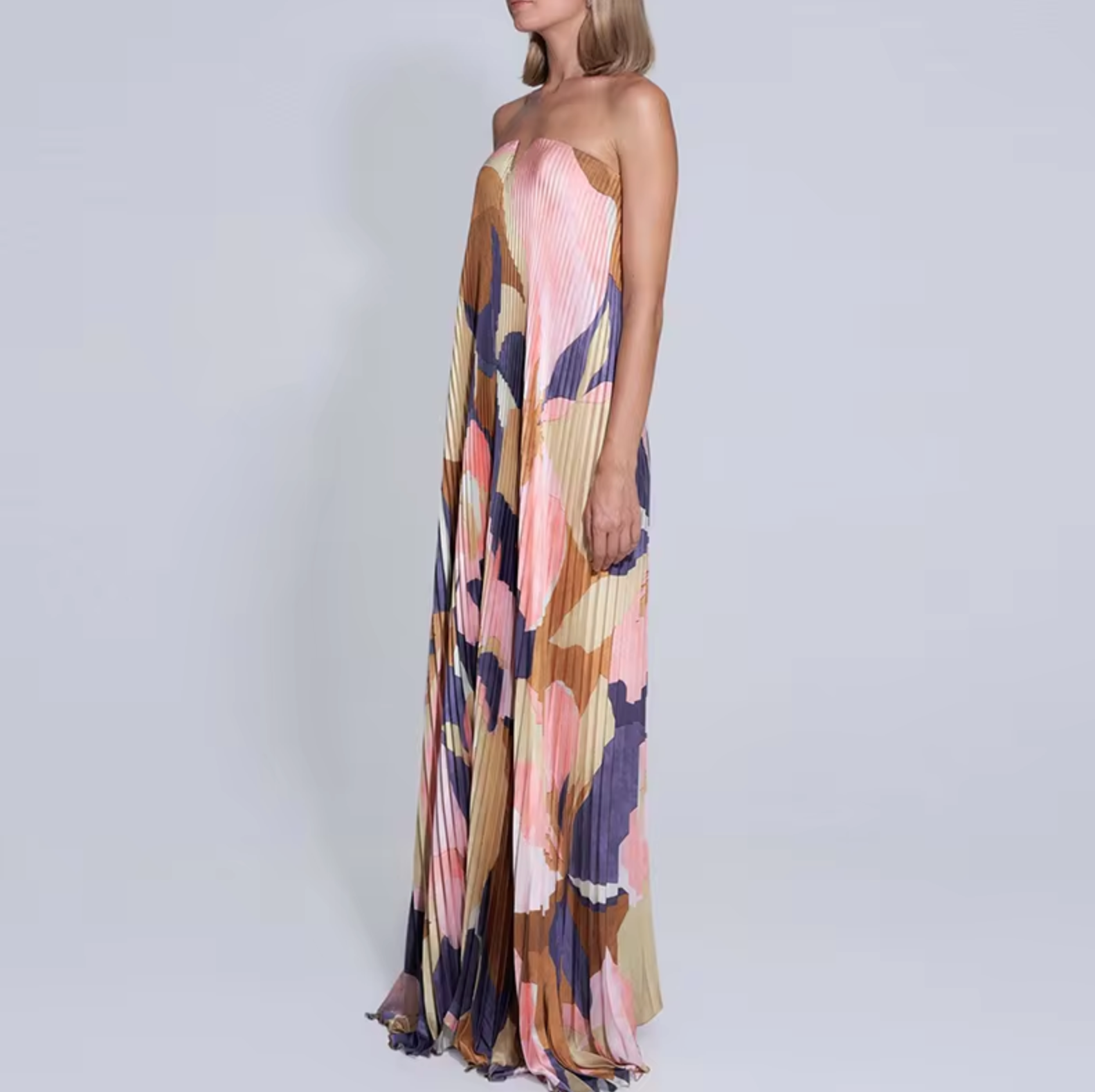 Silvana Statement Floral Strapless Pleated Long Dress Evening Wear Edit