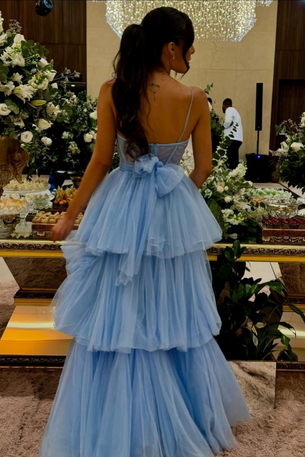 Princess A Line Spaghetti Straps Blue/Lavender Corset Prom Dress with Ruffles - View 2 | VelvetHem