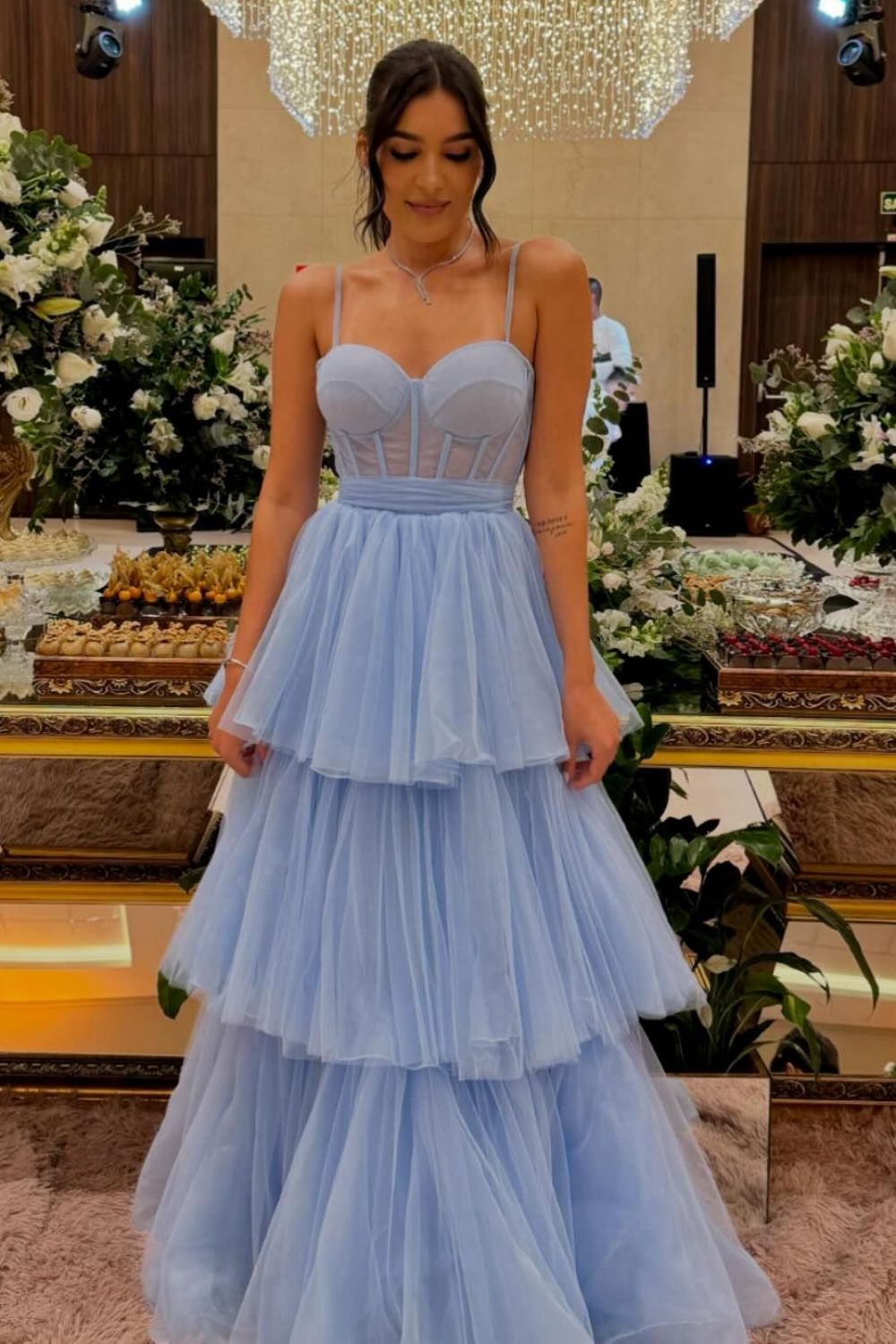 Princess A Line Spaghetti Straps Blue/Lavender Corset Prom Dress with Ruffles - View 3 | VelvetHem