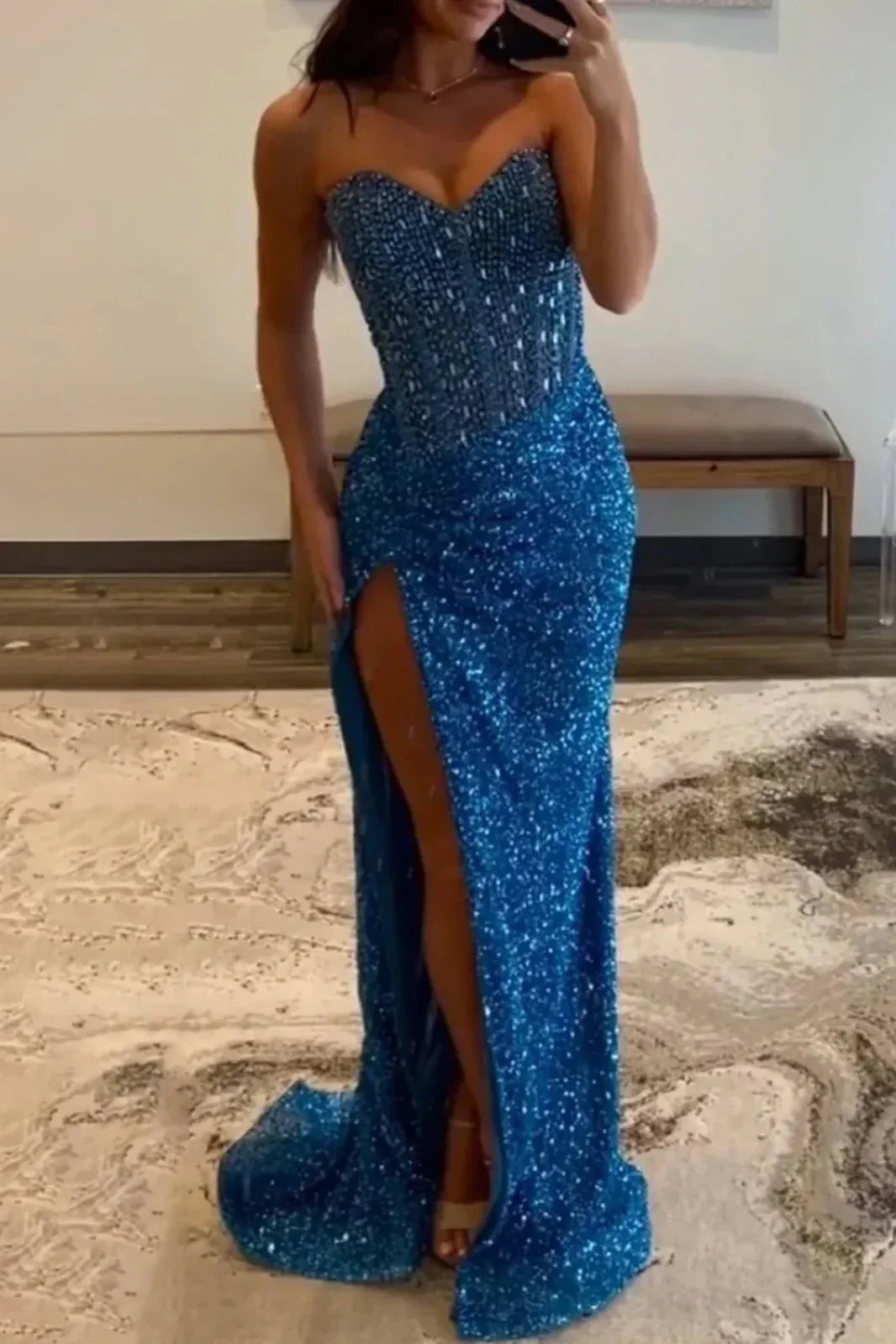 Sparkly Mermaid Sweetheart Gold Long Prom Dress with Beading