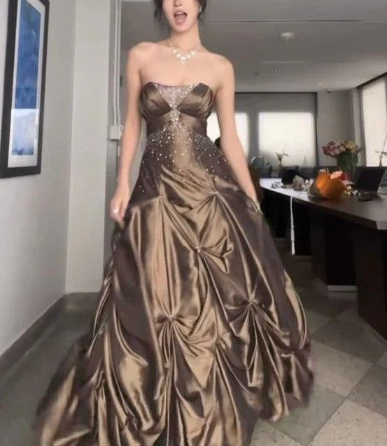 Retro Ball Gown Strapless Green Ruffles Satin Long Party Dress Prom Dresses - View 8 | VelvetHem