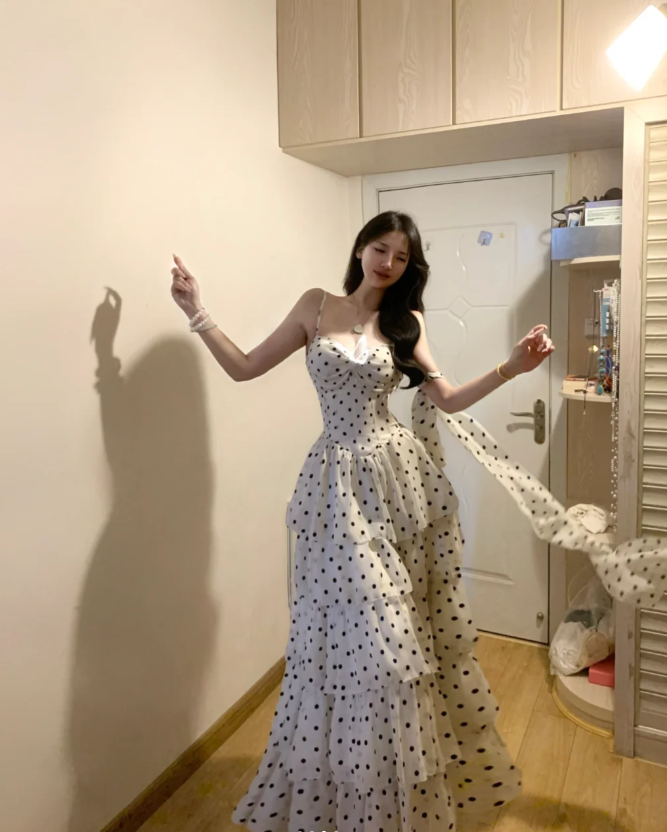 Cute Spaghetti Straps White Chiffon Dot Layered A Line Long Prom Gown Formal Birthday Party Dress - View 2 | VelvetHem