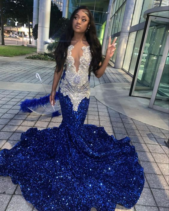 Royal Blue Sequins Mermaid Prom Dress Formal Evening Occasion Gowns - View 2 | VelvetHem