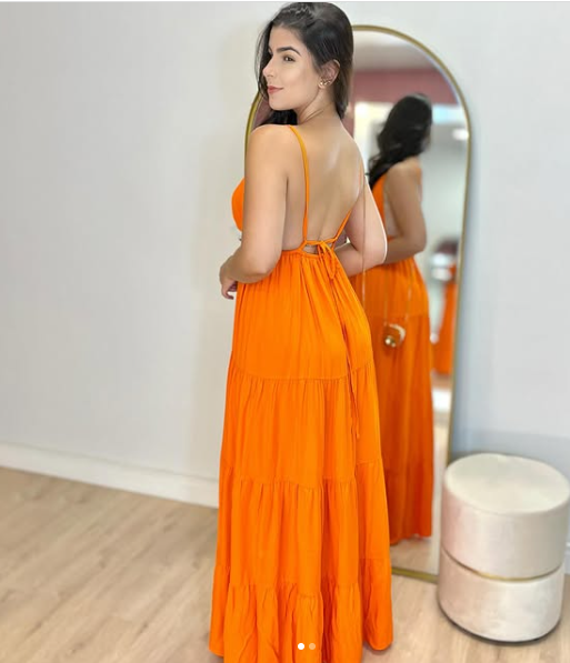 A-line V Neck Orange Chiffon Prom Dress,Orange Beach Dress - View 3 | VelvetHem