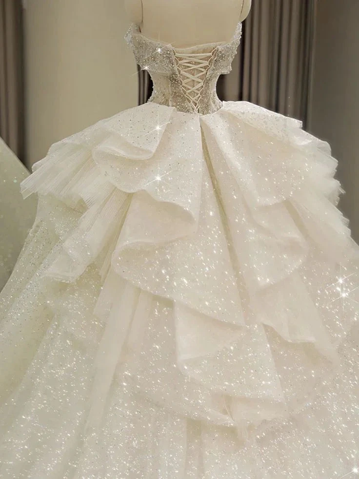Off Shoulder Wedding Dresses, Large Trailing Princess Tail Dress, Backless White Wedding Dress (ZD13709)