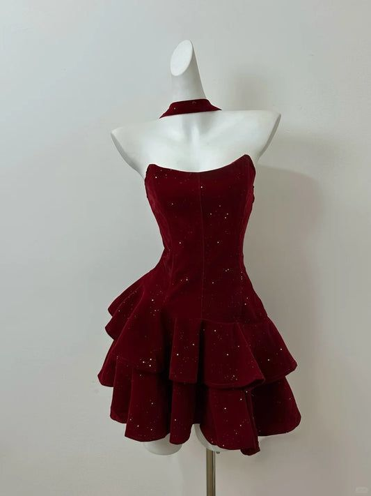 Charming Burgundy Strapless A Line Layered Short Prom Dress Formal Homecoming Dress Birthday Outfits