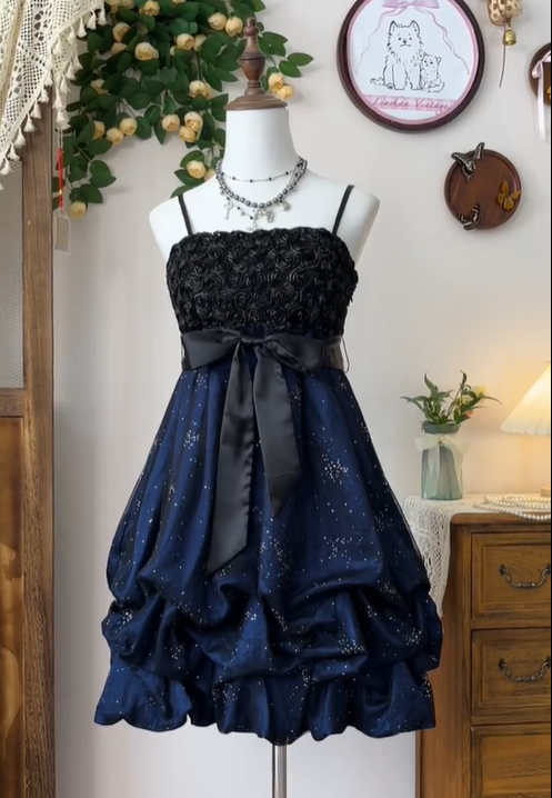 Vintage Spaghetti Straps Rose Flowers Cocktail Dress Navy Blue A Line Homecoming Dress - VelvetHem