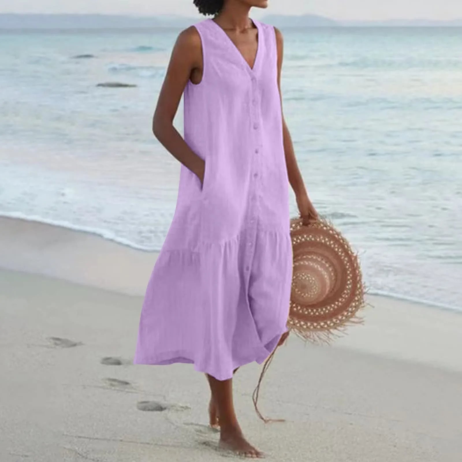 Emilia Exclusive Linen Dress with V Neck Designer Edit