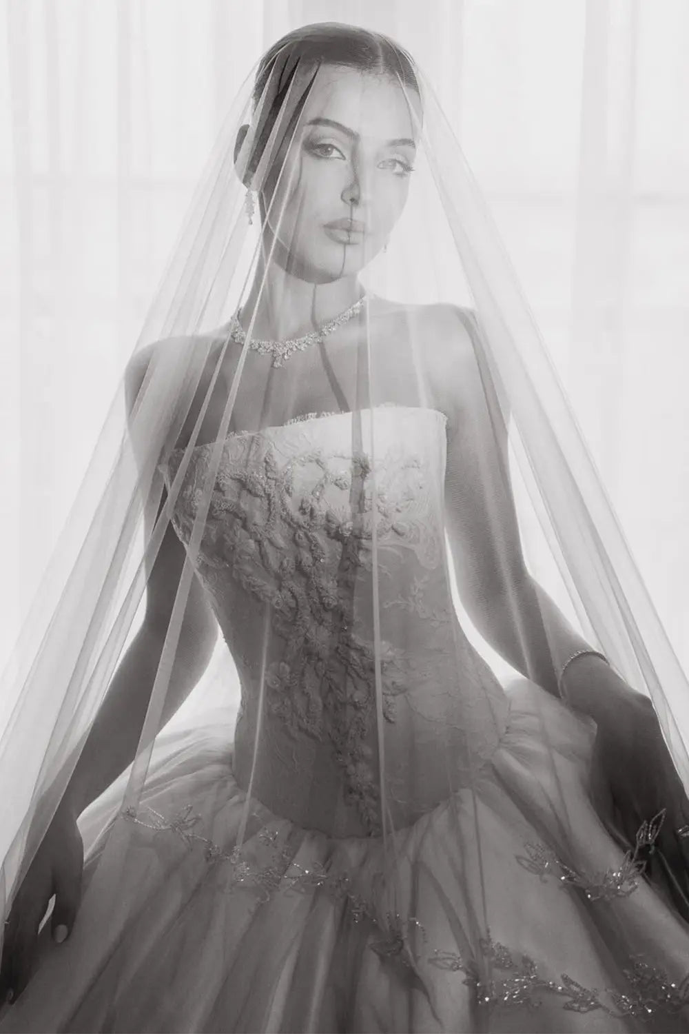 White Satin Tulle Ball Gown Bridal Dress with Embroidered Lace Bodice ZP207