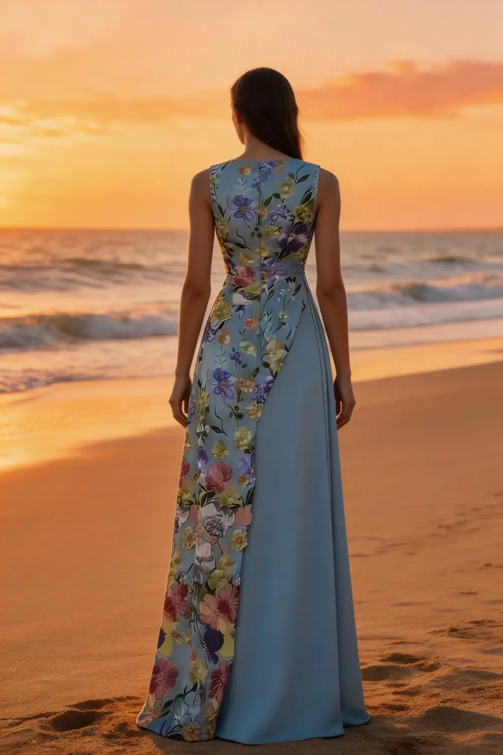 Sky Blue Floral Print Asymmetrical Maxi Dress For Summer Events (ZD17078)