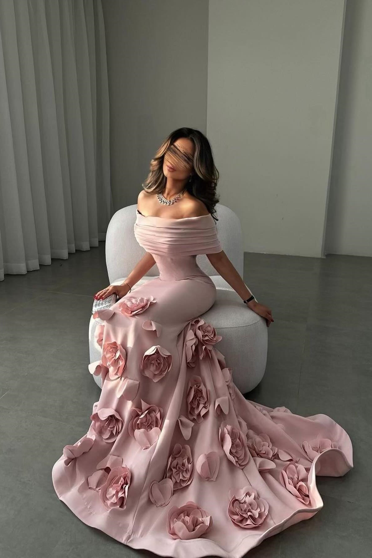 Gorgeous Mermaid Off the Shoulder Pink Formal Dress with 3D Flowers - View 3 | VelvetHem