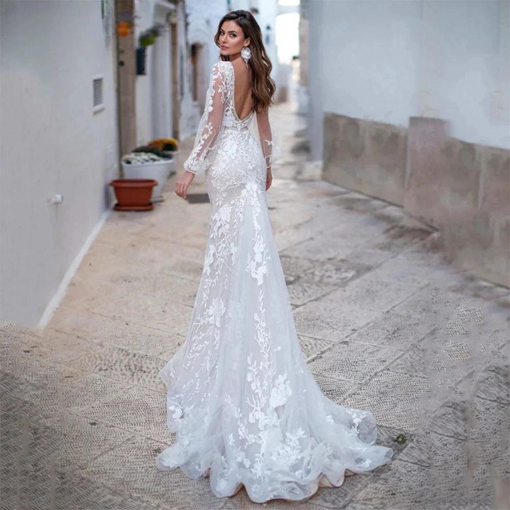 Luxury Backless Tulle Mermaid Wedding Dresses 2022 Long Sleeve Lace Appliques V-neck White Bridal Gown vestidos de novia (ZD13529)
