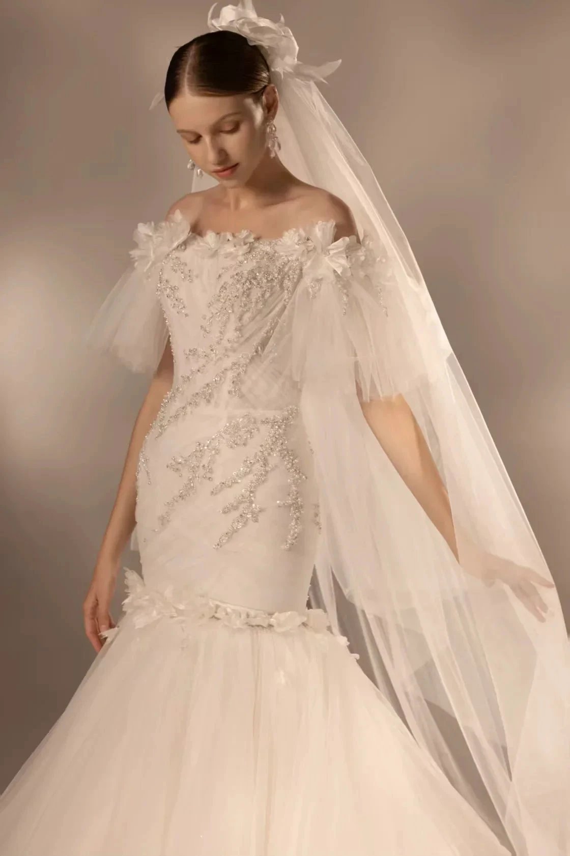 Ethereal Mermaid Off-the-Shoulder Tulle Wedding Dress with Beaded Embroidery & 3D Floral Accents H011 by ZAPDRESS