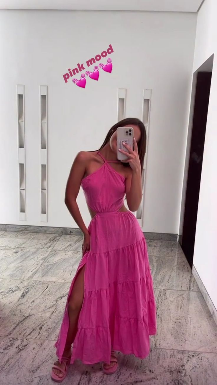 Beautiful Hot Pink A Line Party Dress Waist-baring Slit Evening Dress - VelvetHem
