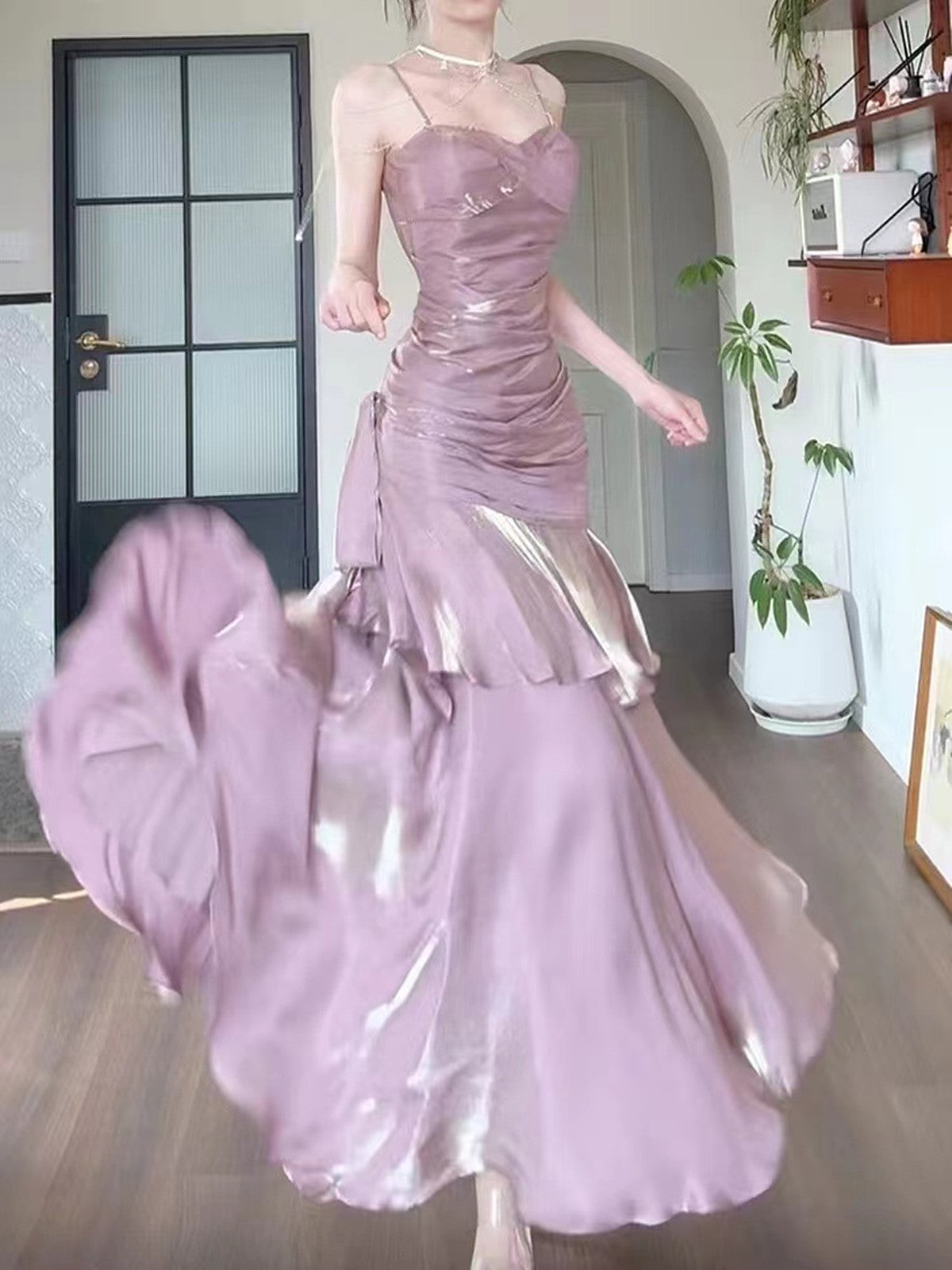 Chic Pink Satin Straps Long Party Dress Satin Mermaid Prom Dress Evening Dress