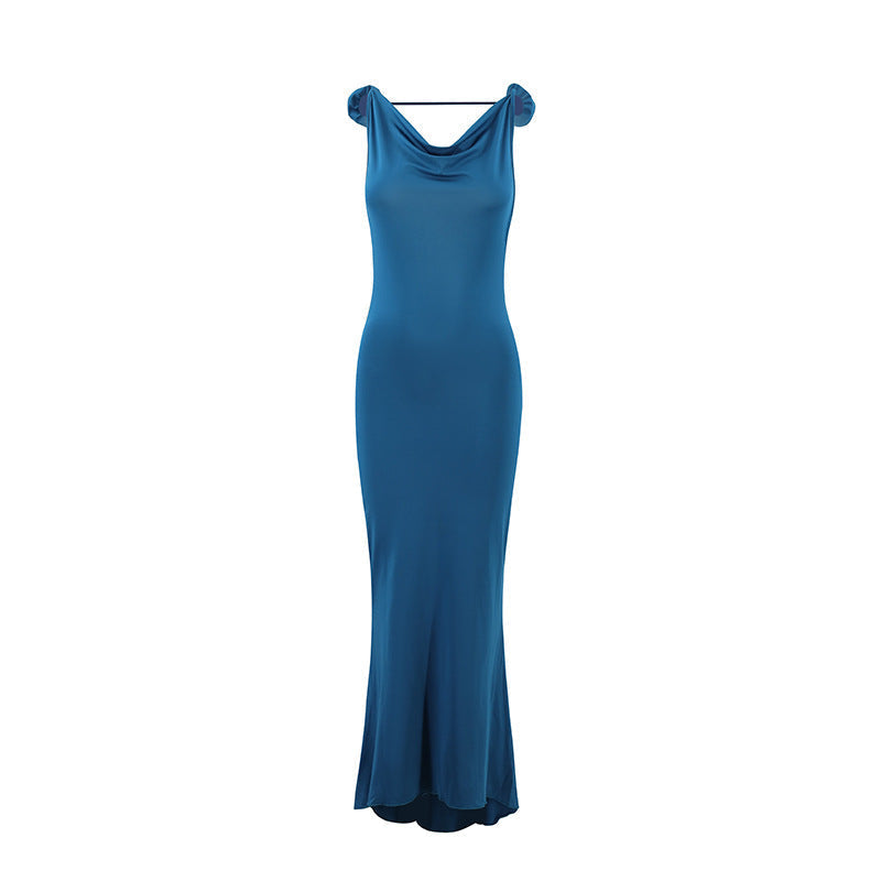 Women Slim Fit Sexy Evening Dress Deep V Plunge neck Backless Floral Decorative Shoulder Strap Fishtail Dress