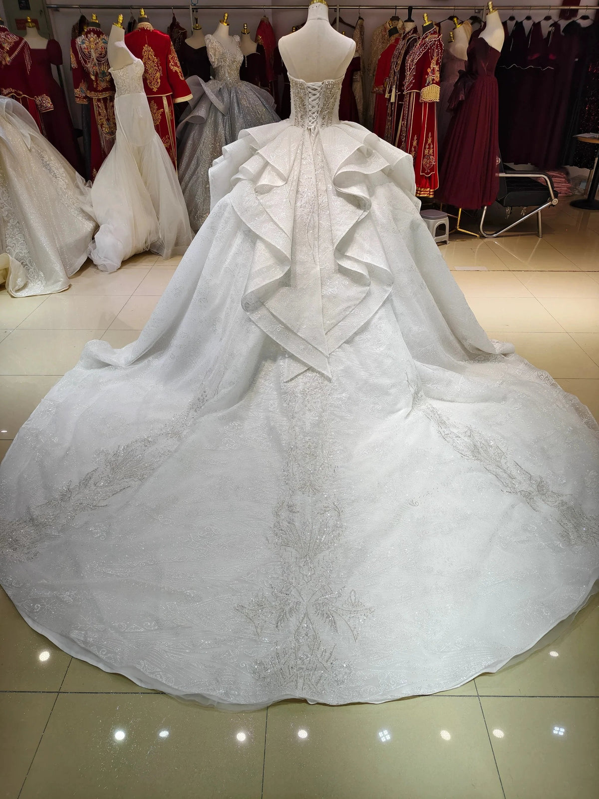 White Gleam Strapless Ballgown Beaded Bust & Ruffled Train (ZD16779)