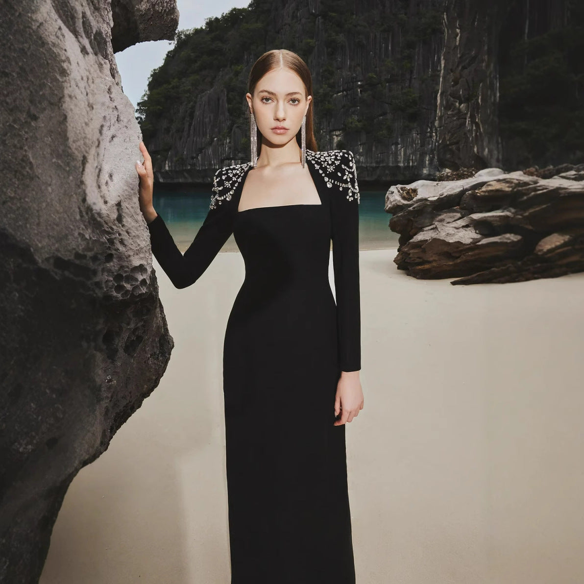 French Elegant Square Neck Long Sleeve Prom Dress - VelvetHem