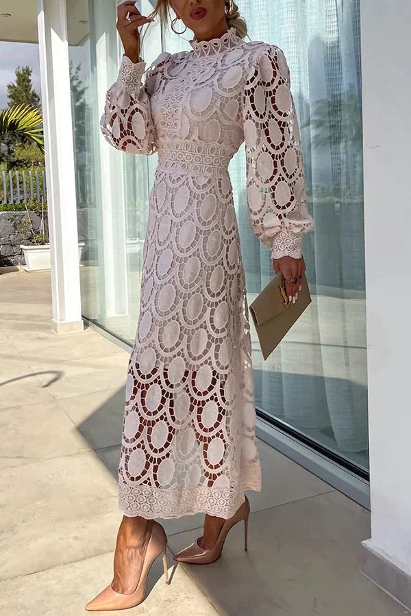 Francisca Premium Romantic, Sensual and Party Midi Dress with Crochet Lace and Lantern Sleeves Chic Silhouette Collection