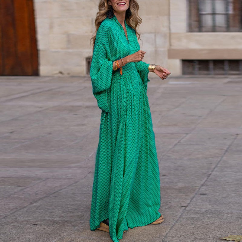Noemí Minimalist Polished Long Sleeve Loose V Neck Waist Control Large Hem Dress Chic Silhouette Collection