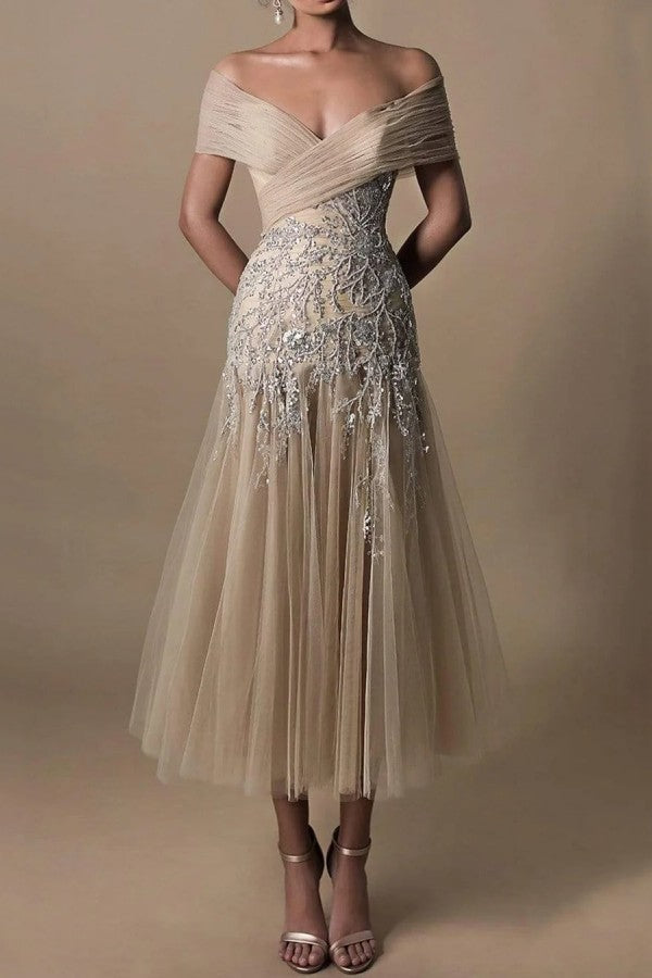 Bmbridal Champagne Off-the-Shoulder Bride Dress With Appliques (ZD17407)