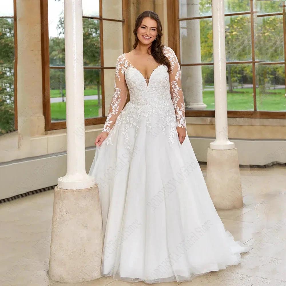 Pastrol Wedding Dresses Plus Size Long Sleeves Lace Up Bride Gowns Applique A-Line Tulle V-Neck vestido de noiva (ZD13451)